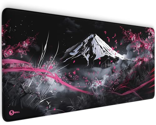 Gaming Mauspad XXL Mountain Sakura 90x40 cm 4 mm dick rutschfest Deskmat | Mousepad Tastaturunterlage extrem gleitfähige Oberfläche sauberen Rändern scharfem Druck und 4 mm Komfort