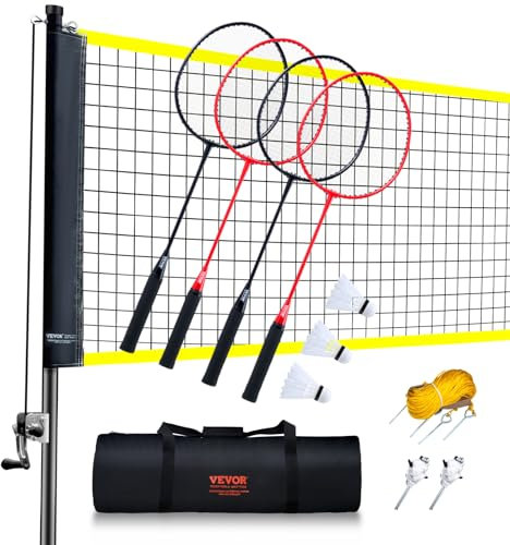 VEVOR Badmintonnetz-Set, Badmintonnetz für den Außenbereich, Badmintonschläger, Nylon-Federbälle, Spannvorrichtung, Begrenzungslinien, Tragetasche, Schwarz, Polyethylen (PE), Badminton