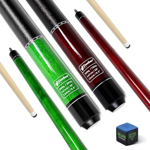 CUEBAR Pool-Queues, 2er-Set, 147,3 cm, 2-teilig, für Erwachsene, mit 13 mm Spitze und Kunstledergriff, Billardqueue-Sticks 540 g, 567 g, für Zuhause, Bar, Grün + Rot