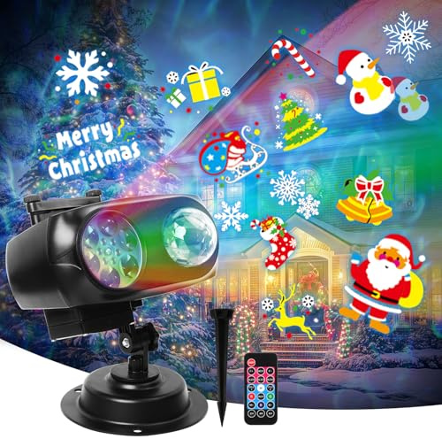 Projektor Weihnachten Aussen, 2-in-1 Dynamische Projektor Lichter 96 Cartoon,12 Themen,10 Wasserwelleneffekt mit Fernsteuerung Timer Weihnachtsdeko außen Innen Wasserdichte mit für Weihnachten Party