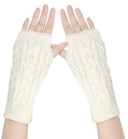 Andiker Mitaines d'hiver sans doigts pour femme, chauffe-bras tricotés avec trou pour les pouces, mitaines souples au poignet, Blanc., taille unique