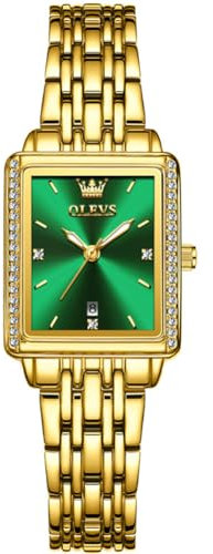 OLEVS Armbanduhr Damen Goldene Edelstahlband Rechteckig Analoger Quarz Uhr Grün Gesicht mit Datum Luxus Diamant Damenuhr Klassisches Schlichtem Wasserdicht Kleid Damen Armbanduhr