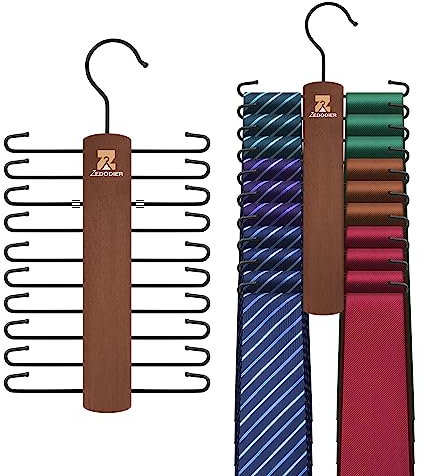ZEDODIER 2 Packe Wooden Tie Rack, Tie Hanger for Men Closet, 40 Storage Capacity, Non-Slip Rotatable Tie Organizer, Hanging Space Saving Holder, Vintage