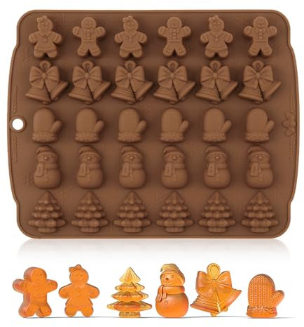 Christmas Silicone Mold, 30-Cavity Silicone Chocolate Candy Mould, Gingerbread Man, Girl, Tree, Snowman, Bell and Glove Shape, Non-Stick Food-Grade Baking Tray for Xmas Candy, Jelly, Gummy, DIY