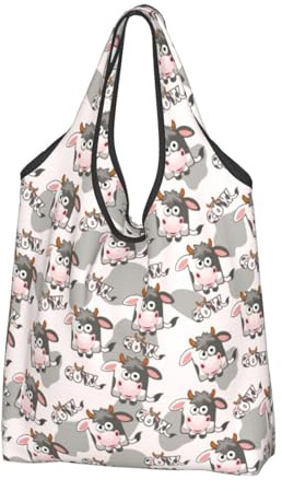 VOSERY Divertida bolsa de compras reutilizable de vaca lechera de dibujos animados para alimentos, bolsa de transporte plegable con asas, negro, 3 piezas