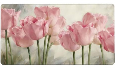 Gaming Mauspad XXL,800 x 300 x 3mm Mousepad Verlängertes Groß Mauspad Schreibtischauflage,Genähte Kanten rutschfeste Gummibasis,Verbessert Präzision und Geschwindigkeit Home Office Rosa Tulpen L-1280
