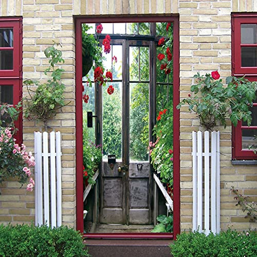 Türtapete Selbstklebend Rote Blumen vor der Tür Türtapete Wandbild Selbstklebend PVC Wasserdicht Abnehmbar Türfolie TürPoster Fototapete Wohnzimmer Schlafzimmer küche B85 x H205cm