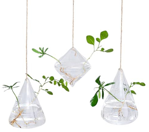 UIYIHIF 3 Stück Glas-Pflanzgefäße Zum Aufhängen, Hydrokultur-Vasen mit Seil, Hängende Pflanzgefäße, Glas-Terrarium-Wandvasen, Hängende Glas-Blumentöpfe für den Innenbereich, Balkon,