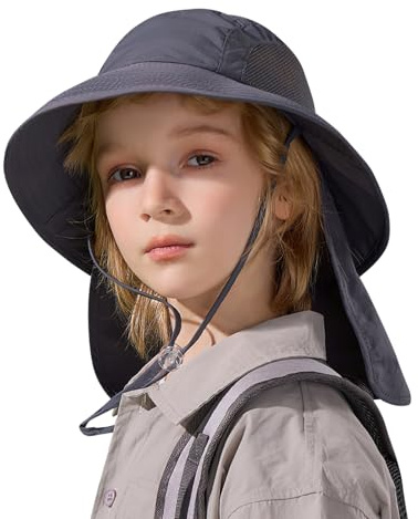 Sombrero de Sol para Niños con Protector Cervical UPF50+ Gorra de Sol Transpirable Ajustable con ala Ancha Sombrero de Playa de Protección Solar para Bebe 3-8 Años (FR/ES, Números, 49, 55, Gris)