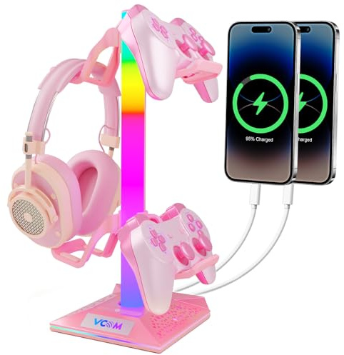 VCOM RGB Gaming Headphones Stand with 2 USB Ports, Pink Headset Stand with 10 Light Modes and Non-Slip Rubber, Suitable for PC Desk Accessories Gamers Gift(Pink)