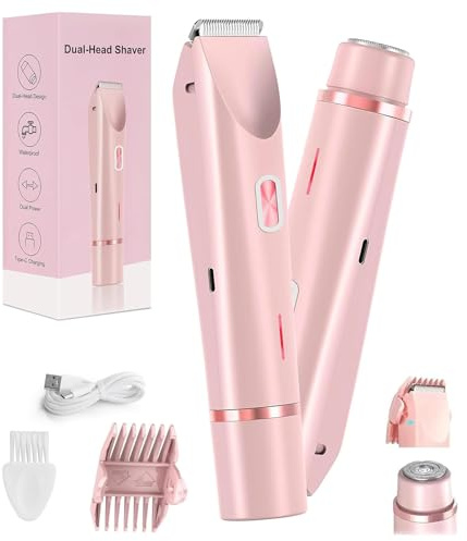 Damen Elektrischer Bikinitrimmer,2-in-1 Doppelkopf-Rasierer, IPX7 wasserdicht, nass und trocken, tragbare Rasierer für Haar, Gesicht, Augenbrauen, Schnurrbart, Bart, Arm, Bein, Mädchenrasierer