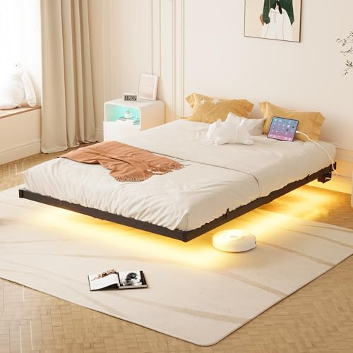 BORPHOM King Size Bed Frame Floating Bed Frame with LED Lights,5ft Metal Platform Bed Frame Kingsize Bed with Charging Station,Mattress Base,Heavy Duty Metal Slats,Underbed Storage,Noise Free