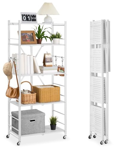 VEVOR Estante de Almacenamiento Plegable de 5 Niveles con Ruedas 71 x 38 x 163 cm Estantería Metálica Móvil Resistente, sin Necesidad de Ensamblaje, Organizador para Garaje, Cocina, Sótano, Blanco