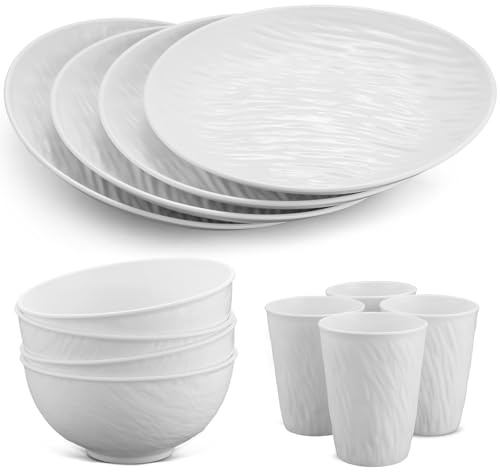 HOMGEN 12PCS Camping Plastic Plates and Bowls Set Microwave&Dishwasher Safe | With Plates/Bowls/Cups for 4, Lightweight, Stackable, BPA Free, Unbreakable Reusable Dinnerware for Kids, for Picnics Camping