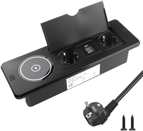 BlueXP 2 Prises de Bureau Encastrable avec Chargeur sans Fil Bloc Multiprise Encastrable avec 2 Ports USB A et 1 USB-C Surface de Charge Qi Couvercle Rabattable & Câble EU 1,8 m Prise Noir