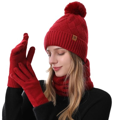 MAZELIKEHOOD Set Sciarpa Guanti Cappello Donna Inverno Caldo Cappello di Bobble con Sciarpa a Maglia e Guanti Tessuto Morbido e Comodo Accessori Moda Invernale Ideale per Regalo di Natale