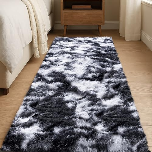 JOYARR Hochflor Läufer Teppich, Flauschig Waschbar Anti-Rutsch Teppiche für Schlafzimmer Bettvorleger Flur Wohnzimmer, 60x180 cm, Tie Dye Schwarz Weiß
