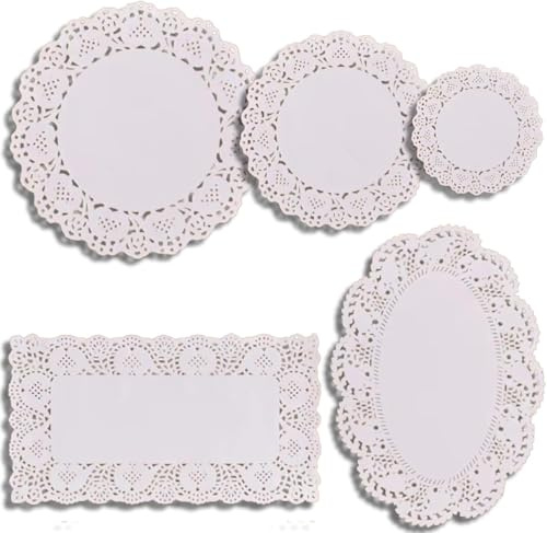 250 Pièces Napperon Papier，BetterJonny Napperon Dentelle de Différentes Tailles Gâteau d'emballage Tapis de Papier pour Gâteau, Décorations de Mariage et Emballages(4.5″/6.5″/8.5″/6.5*9″/7.5*11.8″)