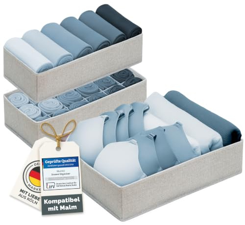 Blumtal Organizer Schrank 3er Set passend für MALM - 3 versch. Kleiderschrank Organizer für MALM Kommoden - Ordnungssystem Kleiderschrank - Faltboxen für BHs, T-Shirts - Socken Aufbewahrung Grau