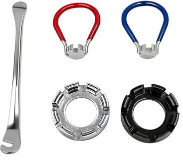 Crozgan 5Pcs Universal Bicycle Spoke Wrench Set,Includes 2 Spoke Slot Wrenches,2Pcs Rubber Handle Spoke Wren-ches and 1Pcs Tire Lever for Bike Wheel Wrench 10-15 Gauge Adjust Cycling Wheel Tension