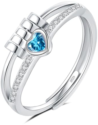 HEEYA Anxiety Ring für Damen Silber Ringe mit Geburtssteinen Herzring Angst Ringe Offen Verstellbar Anti-stress-ring mit Perlen Spinner Fidget Ring Frauen Hypoallergen Stimmungsring gegen Stress