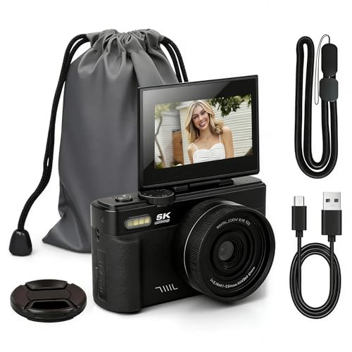 Optinexo 5K Digital Compact Camera, Cámara Digital Compacta 5K con Pantalla Flip y Zoom Digital 16X, Cámara Vlogging Portátil, Cámara de Fotos y Vídeo para Viajes y Creadores (Negro, Sin Tarjeta)