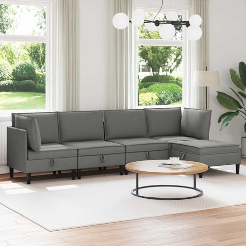 Kaloriko Wohnzimmergarnitur 5-teilig Dunkelgrau Stoff Ecksofa Couch mit Stauraum und Schlaffunktion, Polstergarnitur mit Ottomane, Klappbar für Wohnzimmer Gästezimmer Büro