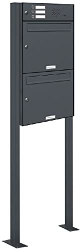 AL Briefkastensysteme 2er Standbriefkasten Anthrazitgrau RAL 7016 mit Klingel als 2 Fach Briefkastenanlage in Postkasten Doppel-Briefkasten Design modern