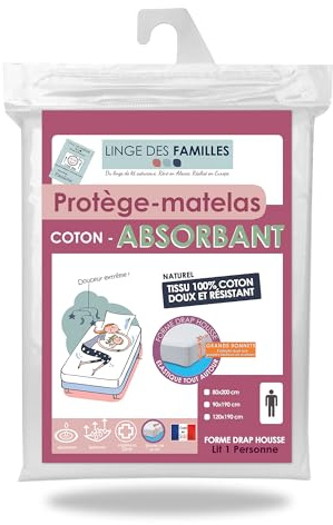 Linge des Familles - Protège Matelas 90x190 cm - 100% Coton - Alèse Molleton Absorbante Respirante - Label Oeko-TEX® Standard 100 - Made in Europe - Élastique Tout Autour