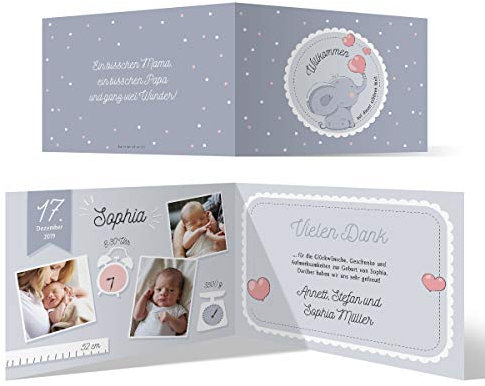 Kartenmachen.de Personalisierte Geburtskarten Babykarten Geburt Karten individuell mit Foto - Herz-Elefant