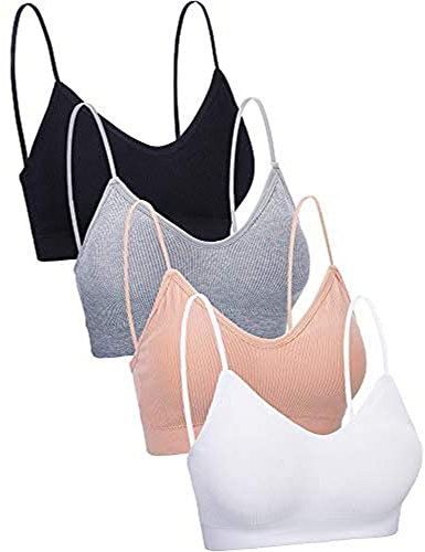4 Pieces Neck Cami Bra Padded Seamless Bralette Straps Sleeping Bra for Women Girls (Black, White, Grey, Skin Color, Small)