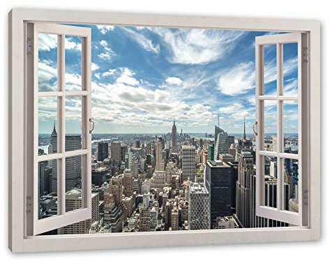 Pixxprint New York Skyline, Fenster, Größe: 80x60cm, Leinwandbild, fertig gespannt, Wandbild, Dekoration, Kunstdruck, kein Poster