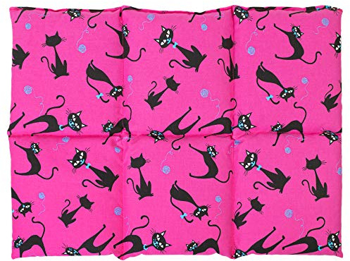 Coussin aux graines de lin 40x30 - Compresse chaud ou froid - Grande bouillotte sèche - Coussin thermique (6 compartiments; Design: chat noir - fuchsia)
