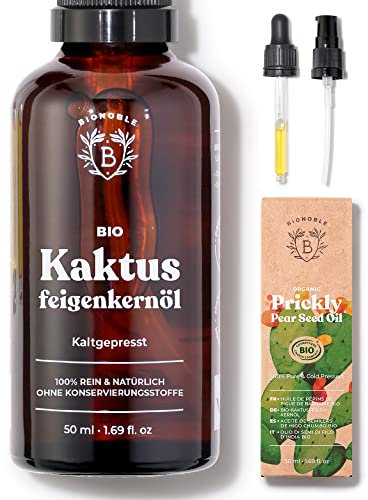 Bionoble Kaktusfeigenkernöl Bio 50ml - 100% Rein, Natürlich, Kaltgepresst - Gesicht, Körper, Haare, Bart, Nägel - Vegan, Cruelty Free - Prickly Pear Seed Oil - Glasflasche + Pipette + Pumpe