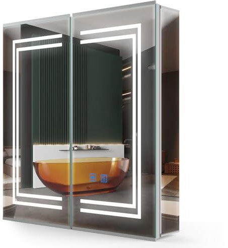LUMIRRORS® Spiegelschrank Bad mit Beleuchtung und Steckdose LED Badezimmer Spiegelschrank mit Licht Silber Doppeltür Badschrank mit Spiegel und Ablage Anti-Beschlagfunktion 63 x 65 cm