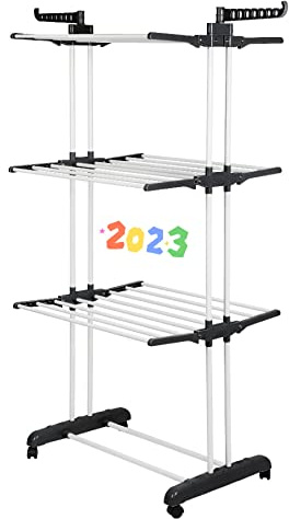 Séchoir à Linge Tour 3 Étages Doubles. Étendoir à Linge Interieur Pliable avec Roues et Extensible pour Intérieur et Extérieur, avec Support pour Les Petits Objets, 75*64*170 cm (Noir + Blanc)