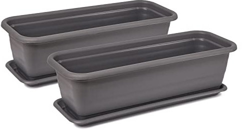 Tymar Blumenkasten mit Untersetzer, 2 Stück, Balkonkasten, Pflanzkasten aus Kunststoff, rechteckiger Blumentopf, Garten, Balkon, Terrasse(Anthrazit, 60x18,7x14,7cm)