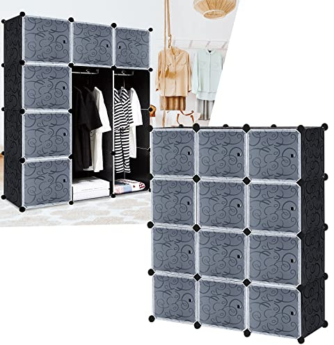 HENGMEI Kleiderschrank Garderobe Regalsystem mit Türen PP Kunststoff Aufbewahrung von Kleidung, Büchern DIY Montage Steckregal (12 Boxen mit Tür, Schwarz)