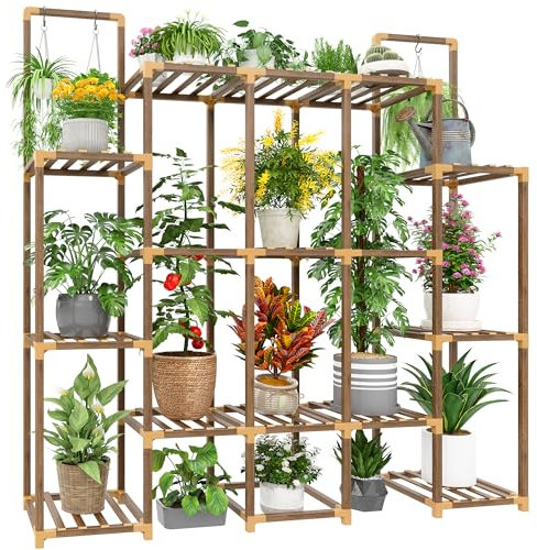 EnHomee Pflanzenständer für den Innenbereich für mehrere Pflanzen, mit 45,7 - 56 cm Topf-Doppelstab zum Aufhängen von Pflanzenregalen, 258,5 kg, Holzpflanzenregale für Wohnzimmer, Terrasse, Balkon