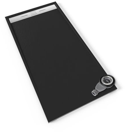 Plato de ducha SMC Hiemal 180x70 cm | Moments of Glass | Negro RAL 7021 – Antiderrapante, Textura Pizarra, Antibacteriano, Resistente a agentes químicos – Incluye válvula y rejilla Inox