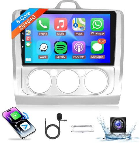 2G+64G Android Car Stereo for Ford Focus Exi MT 2 3 Mk2/Mk3 2004-2011 with Wireless Carplay, Rimoody 9 Inch Touch Screen Car Radio with GPS Bluetooth FM RDS WiFi Android Auto Backup Camera