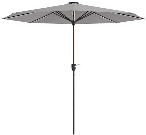 Outsunny Sombrilla de Jardín de Aluminio Ø265x240 cm Parasol de Terraza con Luces LED Solares Manivela e Impermeable para Piscina Patio Gris Claro