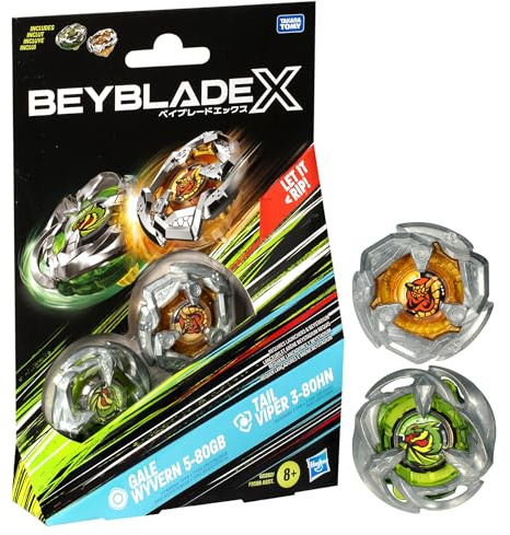Beyblade X Gale Wyvern 5-80GB and Tail Viper 3-80HN Dual Pack Set with 2 Right-Spinning Tops; Battling Top Toys for 8 Year Old Boys and Girls