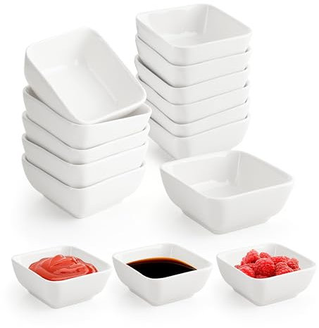 YKUKIZEE 12 PCS Small Ceramic Soy Sauce Bowl 3 Oz, White Porcelain Side Dish Bowls 7.4 cm, Square Ramekin Bowls 85 ml for Seasoning Ketchup Sushi Dip Snack BBQ