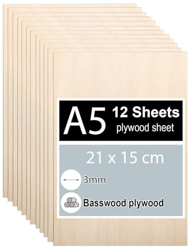 Linde Sperrholz 12 Stück 3mm, A5 21 x 15 cm, Dünne Holz-Zuschnitte, DIY Holzarbeiten, Laserbearbeitung, Brandmalerei, Modellbau, Deko, Gemälde