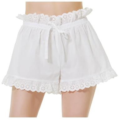 BEAUTELICATE A-Ligne Shorts Ourlet à Volants De Femme Été Culotte Bouffante en Pur Coton Court Pantalon De Pyjama Victorien Jambes Larges sous Robe avec Dentelle Blanc Brut