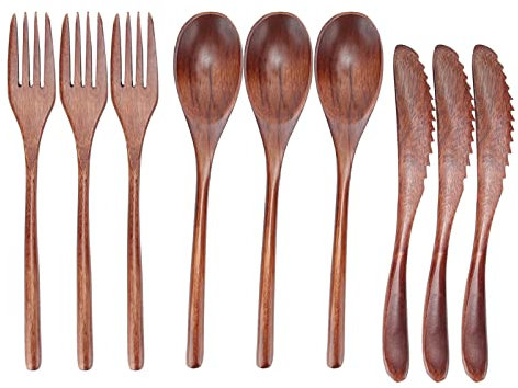 HAOHIZE Tenedores de Madera Cucharas Cuchillos para Comer, 9 Piezas Juego de Utensilios de Cocina de Madera Reutilizables Cubiertos de Madera de Viaje Cubiertos Vajilla Juego de