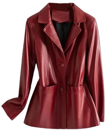 Damen Slim Langarm Schaffell Jacke Knöpfe Casual Office Lady Leder Blazer Mantel Top, weinrot, 5XL