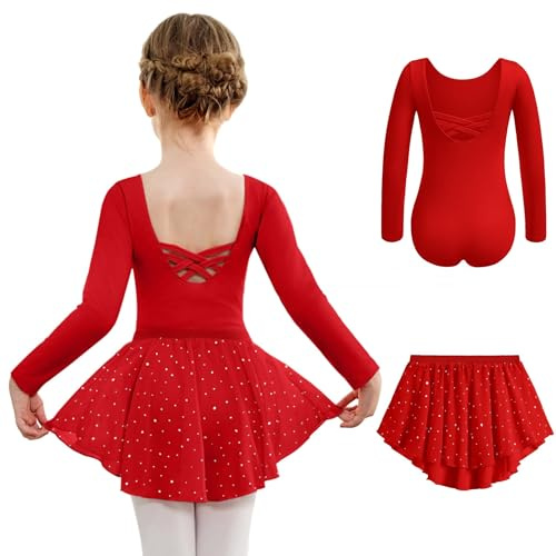 Arshiner Vestito da Balletto per Ragazze Manica Lunga Due Pezzi Balletto Personalizzato Senza Schienale Bambini Balletto Body Danza Cotone Vestito Danza con Gonna in Chiffon Rosso 130 3-4 Anni