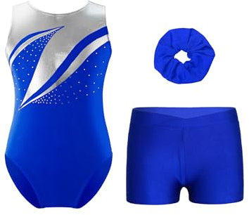 Yhong Mädchen Turnanzug Ärmellos Gymnastik Leotard Turnbody Jumpsuit mit Shorts Haarband Akrobatik Anzug Wettbewerb Tanzkostüme Königsblau 122-128